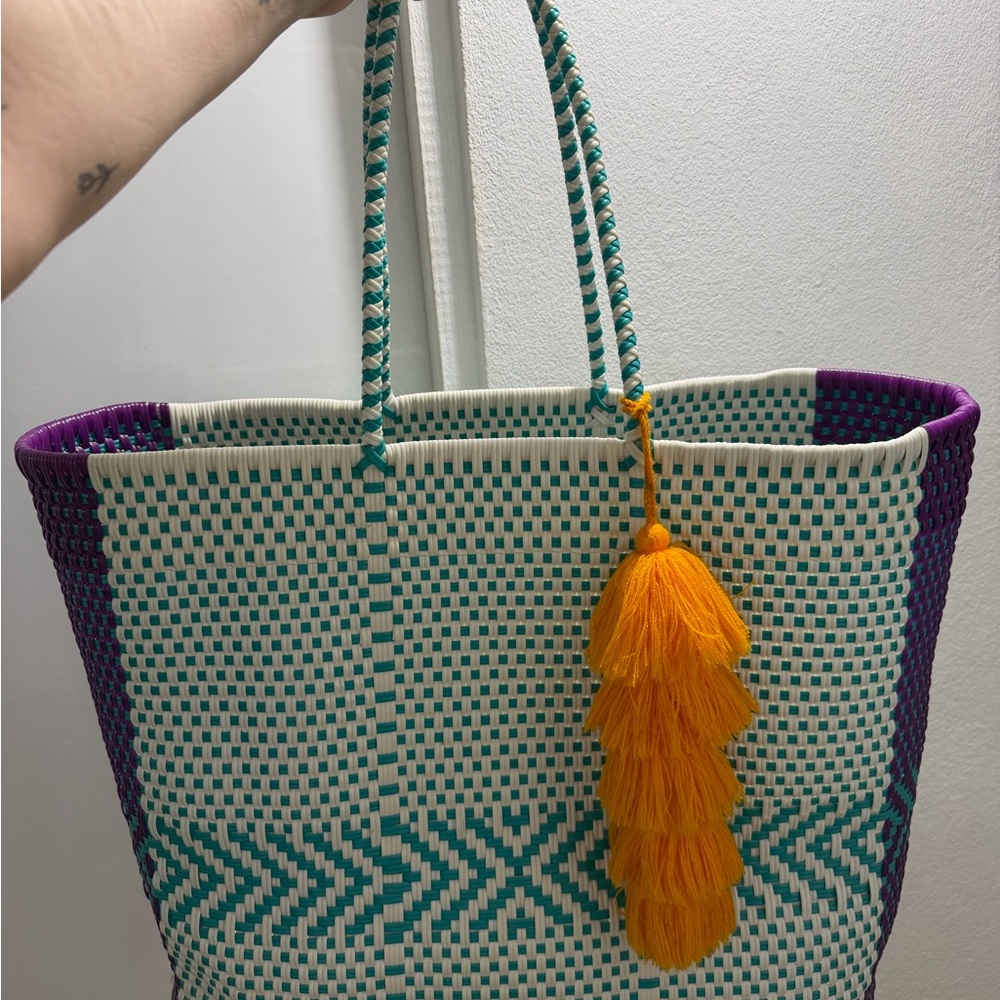 Beach Colorful Woven Tote Bag with Orange Tassel